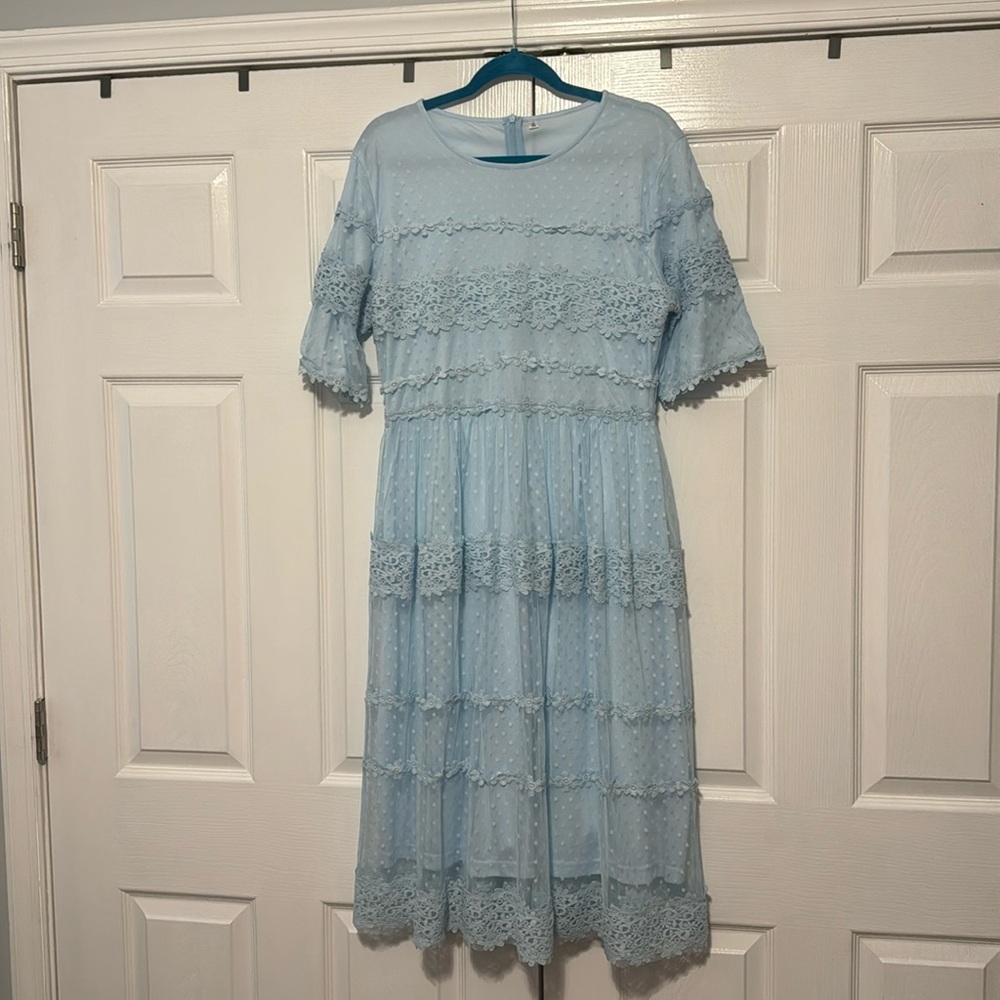 Lace and embroidery overlay.  Pale blue.